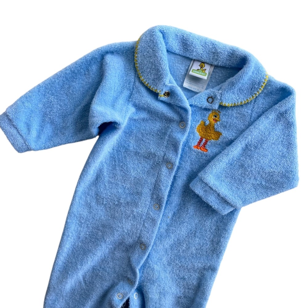 Sesame Street Big Bird Baby L Lt Blue Terry Cloth Footed Pajamas Sleeper Vintage